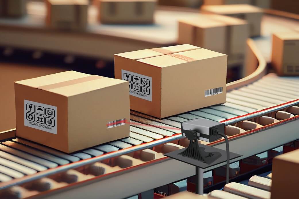 Fixed-mount barcode scanner installed on an automated production line