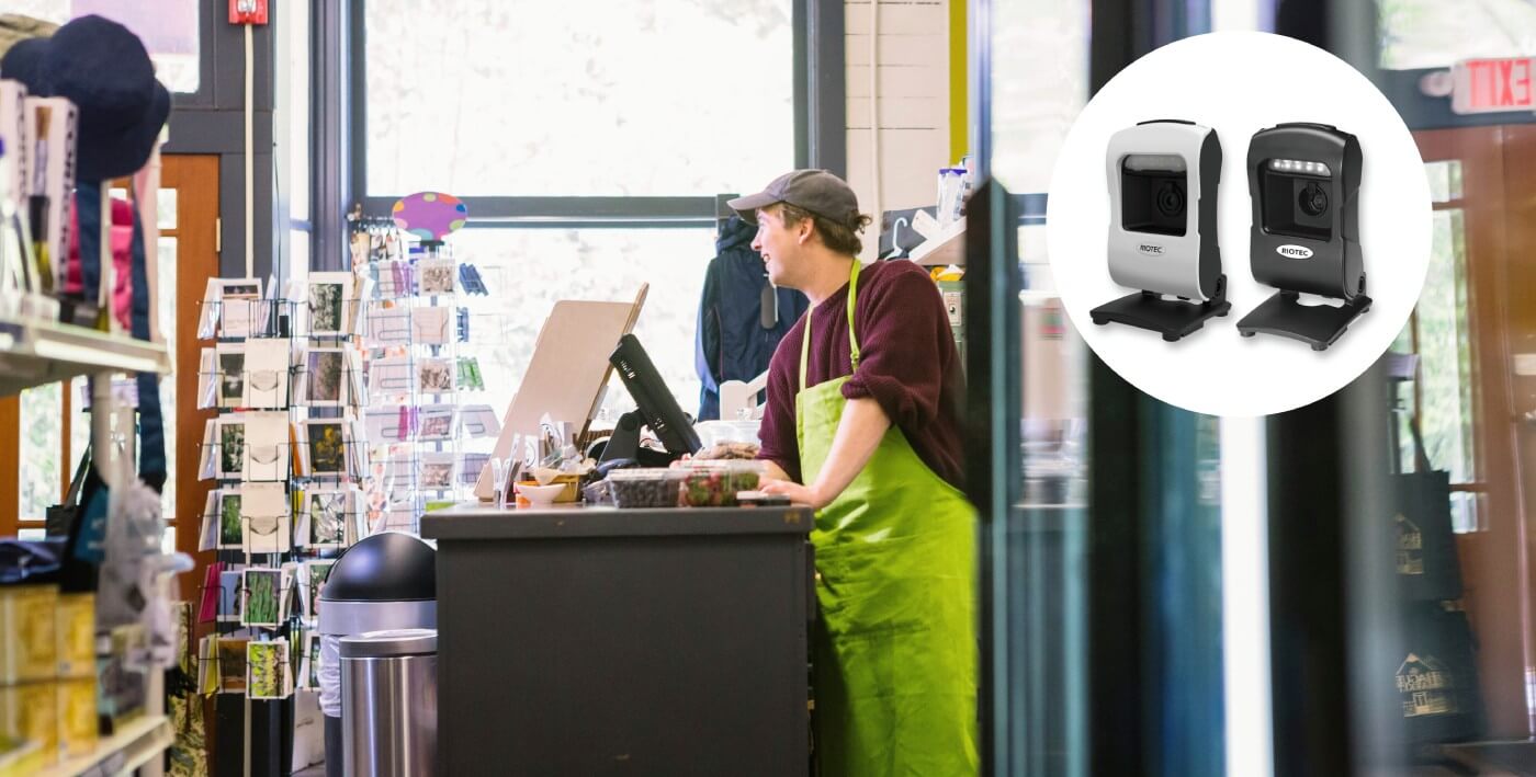Presentation barcode scanner used at a retail counter for fast checkout