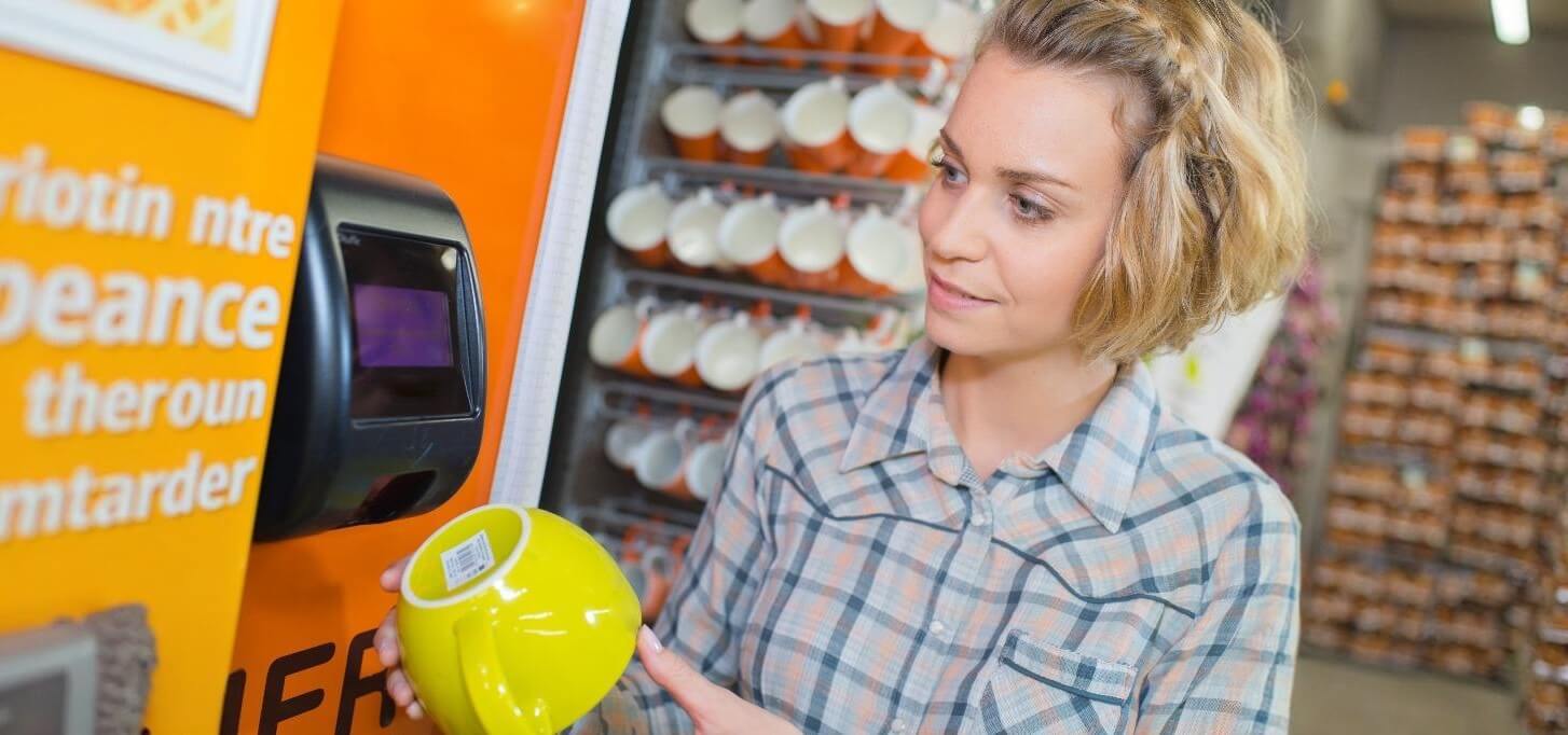 Customer using a price checker to scan the barcode on the bottom of a cup